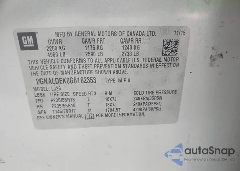 2016 Chevrolet Equinox Ltz from USA, damaged, VIN 2GNALDEK0G6182353